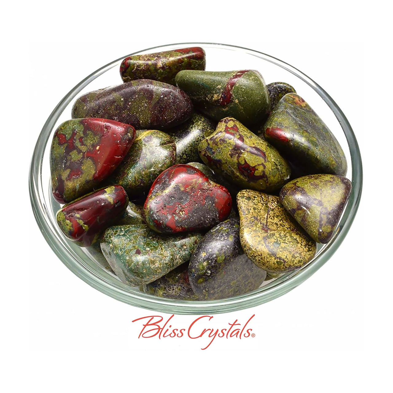 A bowl of Dragon Blood Stone Jasper crystals for courage and healing jewelry and crafts