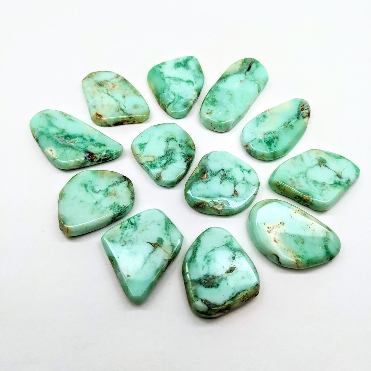 Green and white flat shape of 1 Opalized Chrysoprase Slice Grade A Polished Stone #SK7178