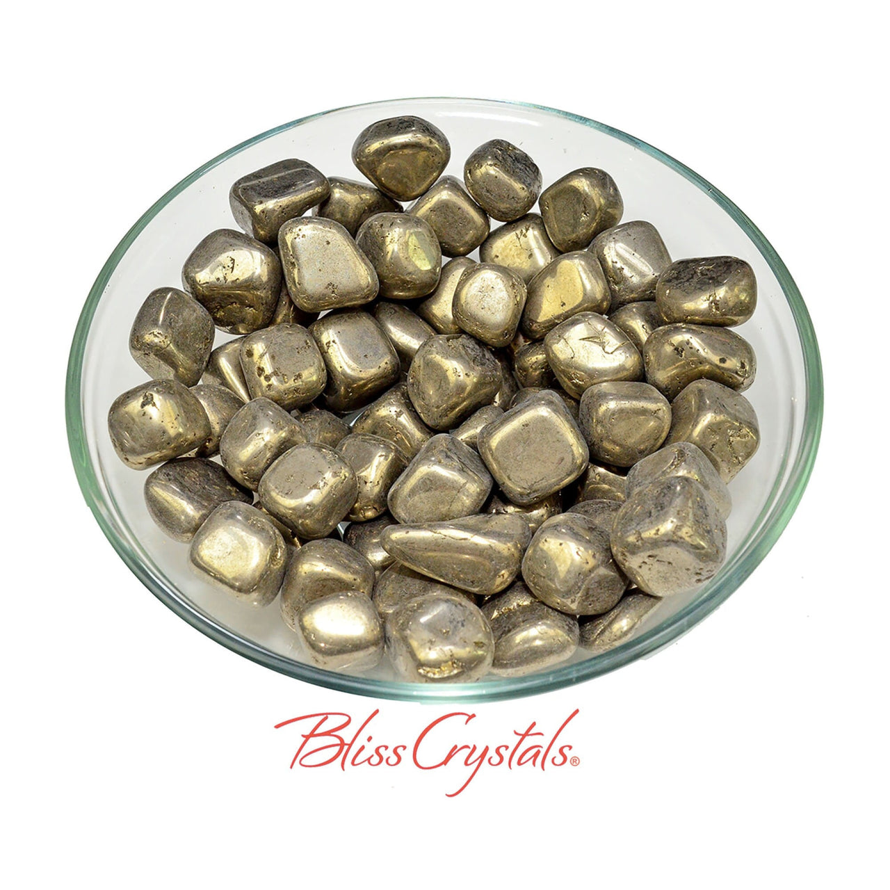 Bowl of rocks featuring ’Bliss Crystals’ text and a pyrite tumbled stone from Spain