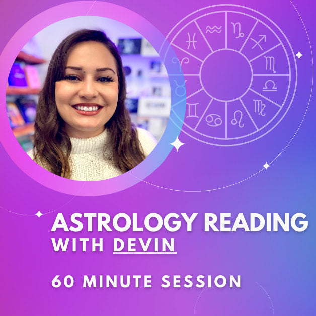 Close-up of a woman with a zodiac sign, purple background; 2024 Astrology Chart Session