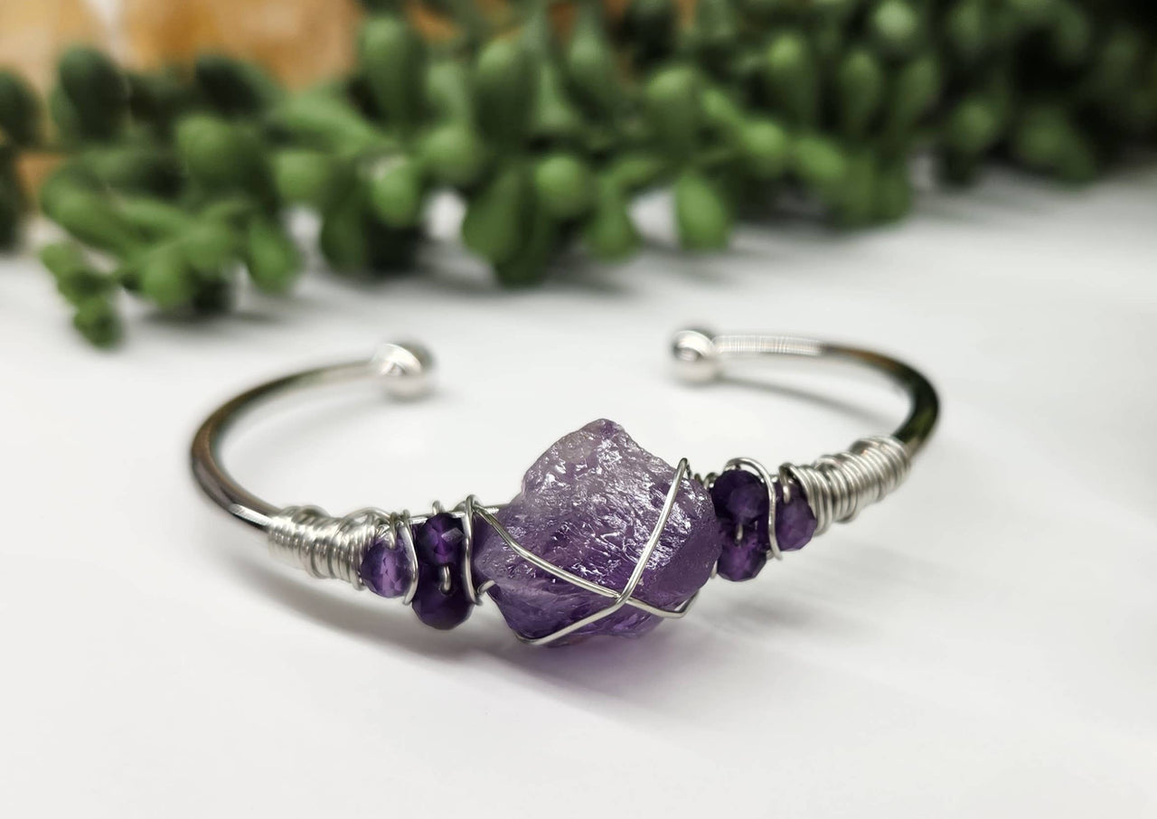 Amethyst Gemstone Wire Wrapped Bangle Cuff Bracelet #LV4377