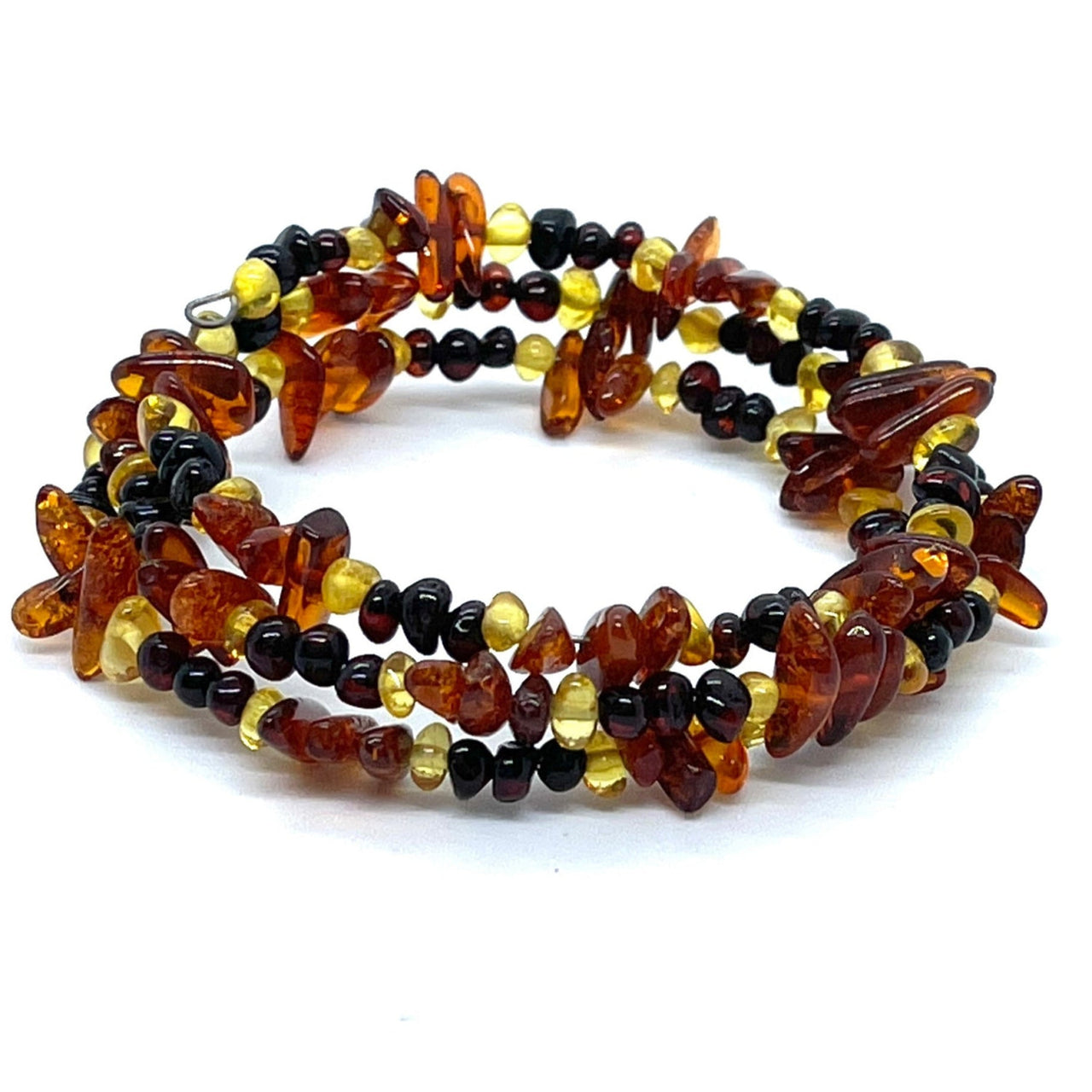 Close-up of a 3 Strand Wrap Baltic Amber Polished Bead Bracelet with multi-colored beads