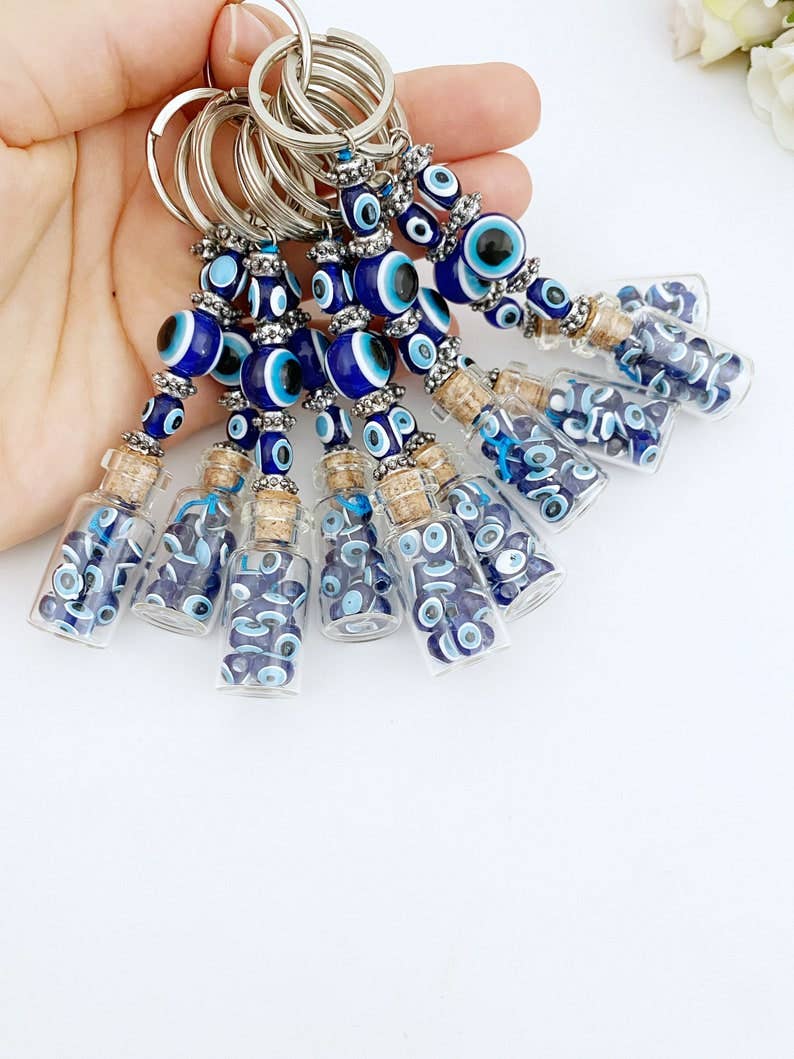 Glass Evil Eye Bottle Keychain, Blue Glass Evil Eye #Q384