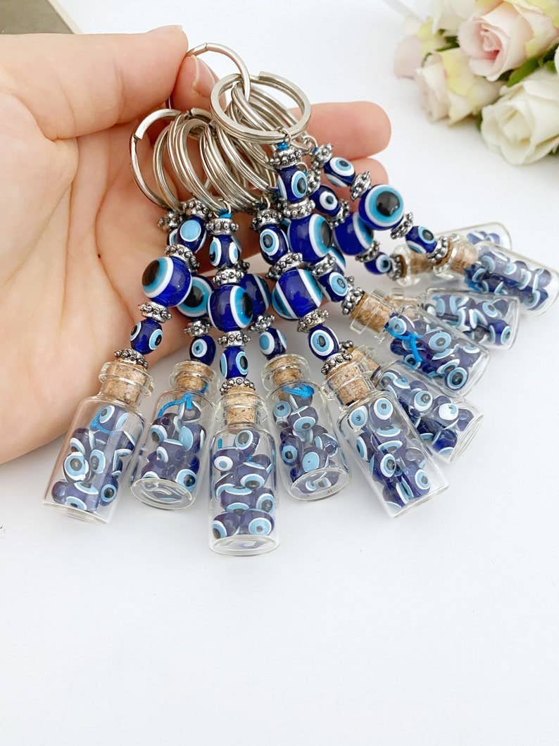 Glass Evil Eye Bottle Keychain, Blue Glass Evil Eye #Q384