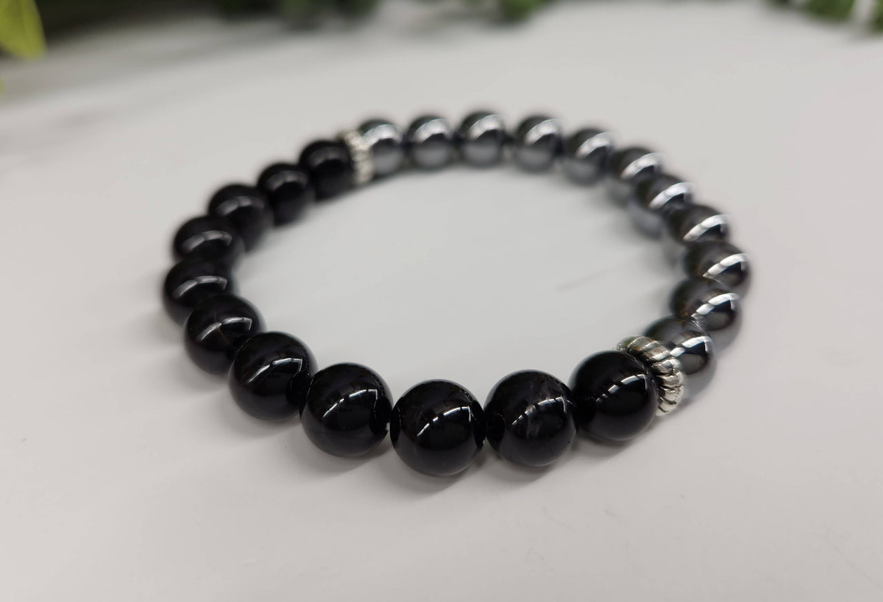 Terahertz and Black Tourmaline 7" Bracelet 8mm Beads #LV3999