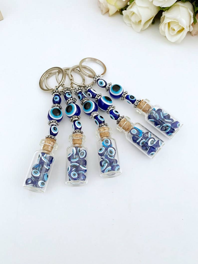 Glass Evil Eye Bottle Keychain, Blue Glass Evil Eye #Q384