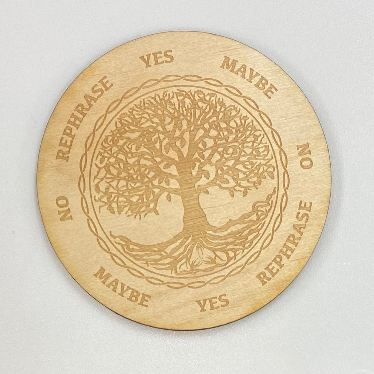 Wooden coaster with ’Speak Yes Made in Peace’ on 6’ Tree of Life Pendulum Board Wood Grid