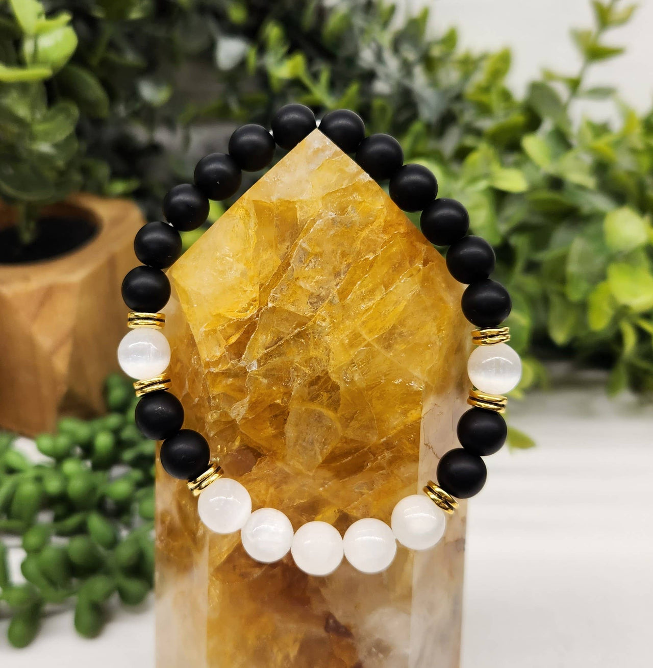 Cleansing Bracelet with Black Obsidian & Selenite 8mm Beads 7.5" Length #LV3997