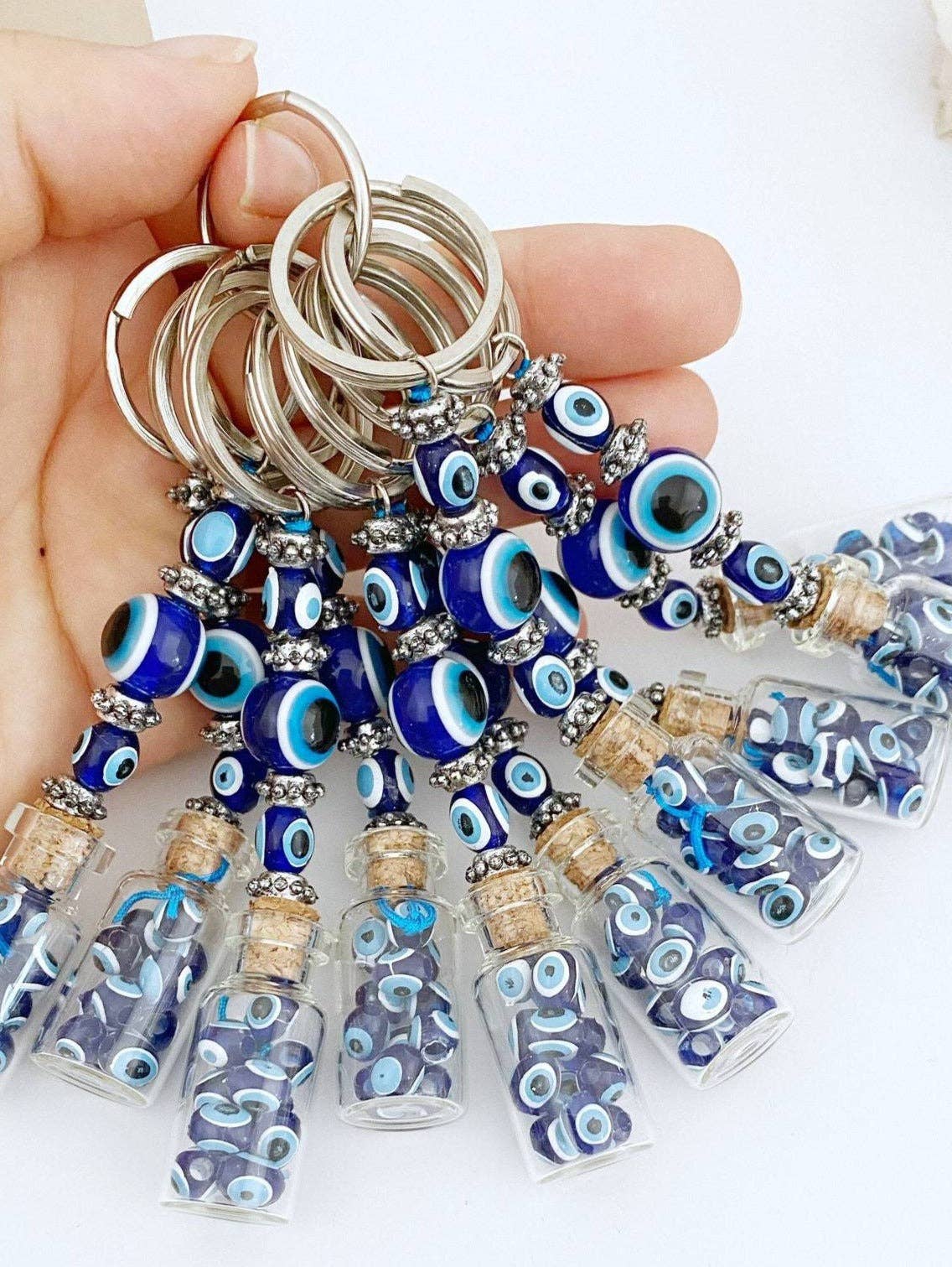 Glass Evil Eye Bottle Keychain, Blue Glass Evil Eye #Q384