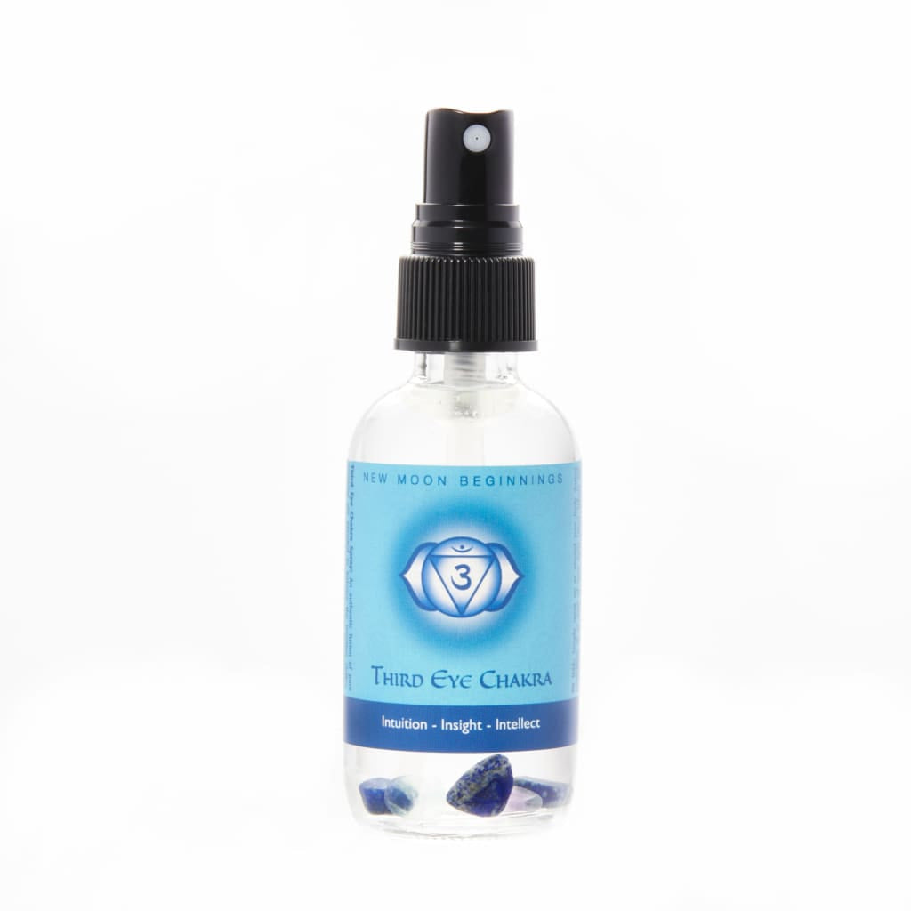 Blue bottle of ’7 Chakra Balancing Spray, Essential Oil and Crystal Perfume #LV5491’ with dropper