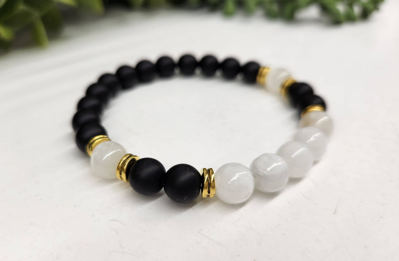 Cleansing Bracelet with Black Obsidian & Selenite 8mm Beads 7.5" Length #LV3997