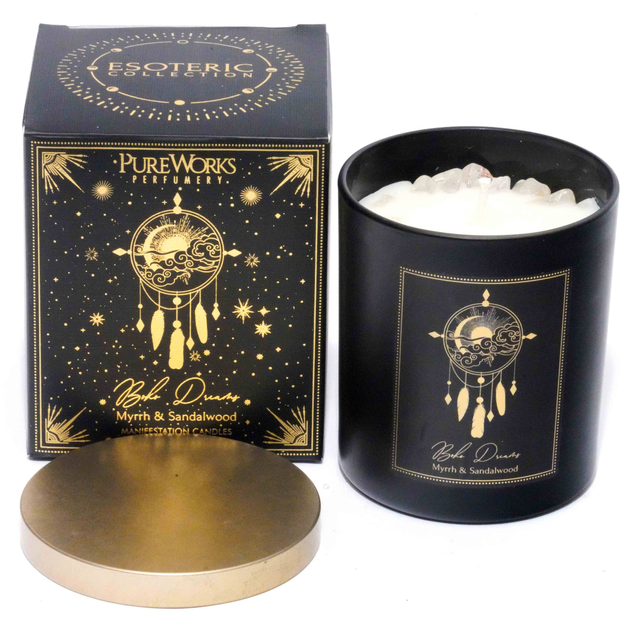 Esoteric Gem Candle - Boho Dreams,  Myrrh & Sandalwood, Gemstone: Clear Quartz #ESCAGBD