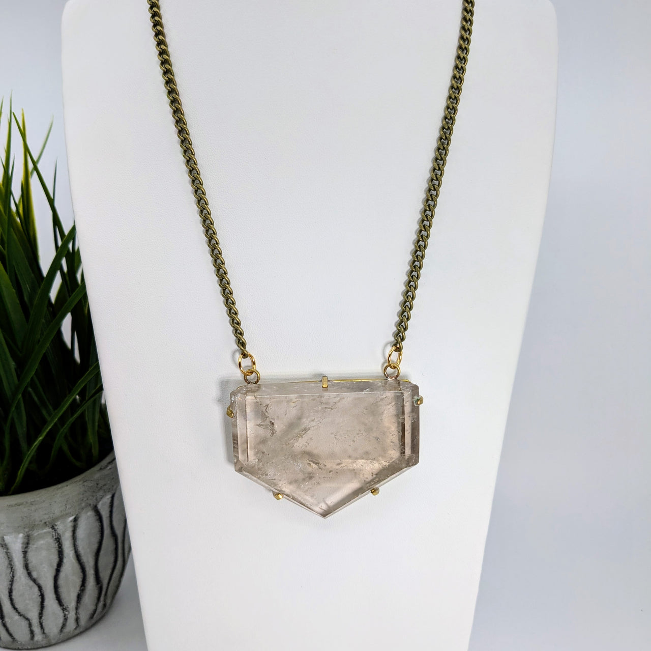 Light Smoky Quartz 2" Flat Point 18" Necklace Gold #LV5786