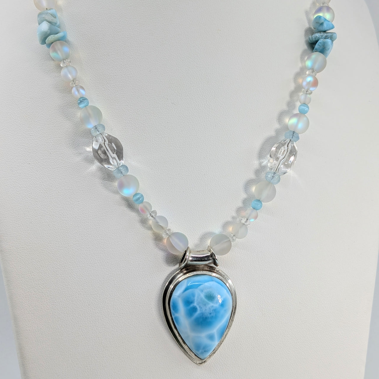 Larimar & Clear Quartz 20 - 24" Mixed Gem Beaded Necklace #LV5874