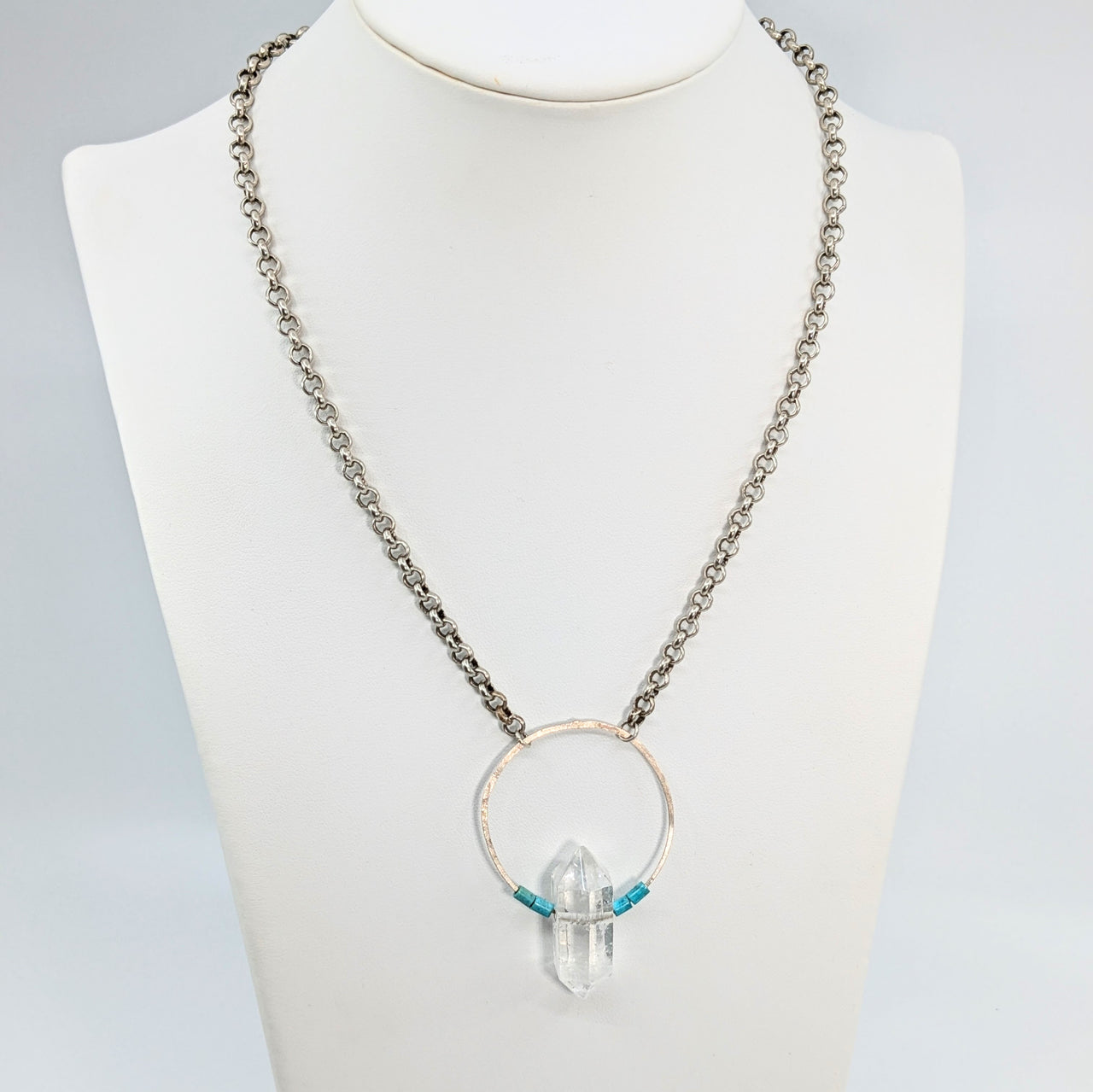 Quartz & Turquoise 18" DT Circle Point S.S. Necklace #LV5880