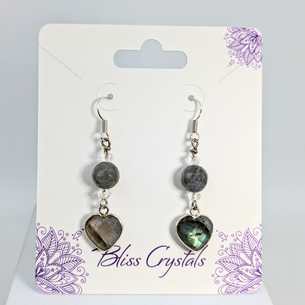 Labradorite & Clear Quartz 1.2" Heart Bead Earrings #LV5881