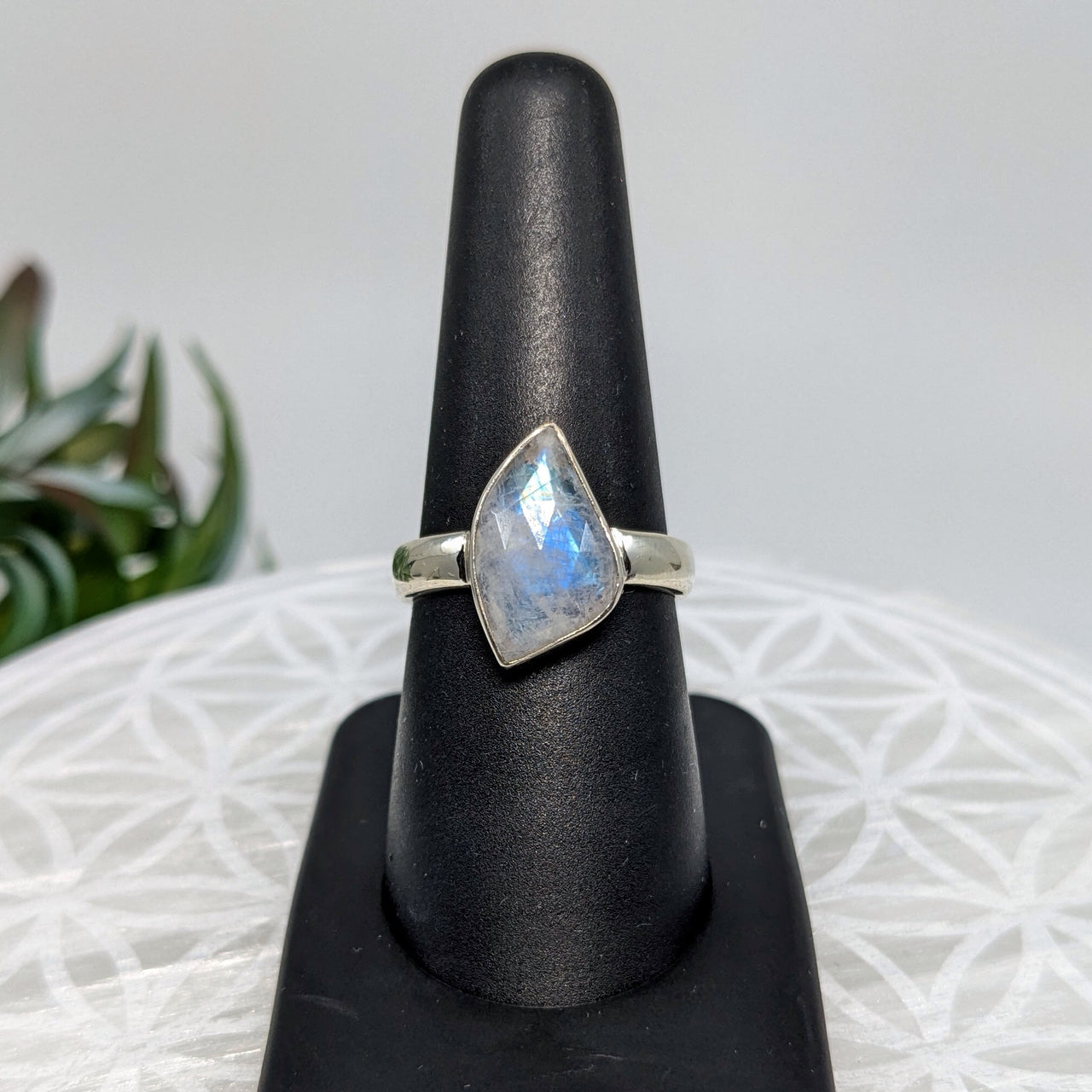 Rainbow Moonstone  Sz 7.75  S.S. Faceted Ring #LV5979