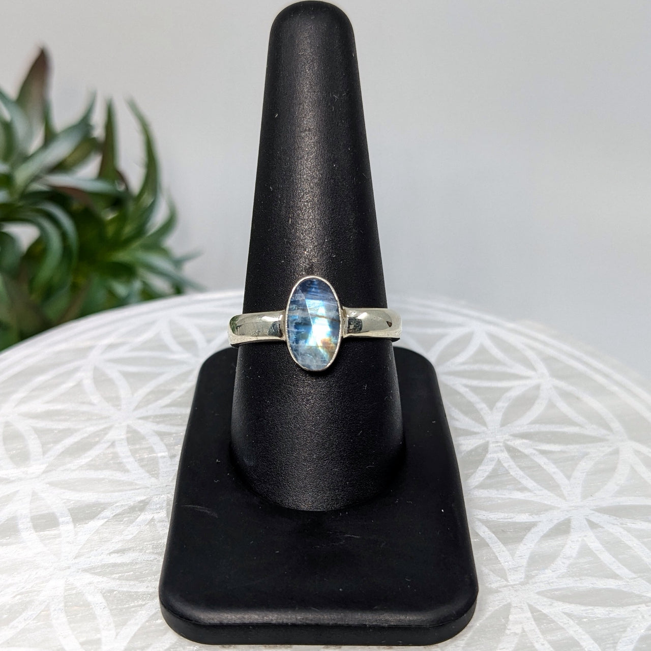 Rainbow Moonstone  Sz 9.5  S.S. Faceted Ring #LV5985