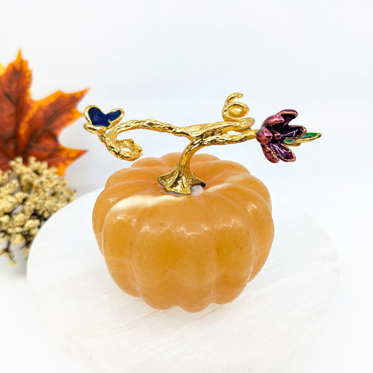 Orange Calcite 2.2" Pumpkin with Brass vine #LV6239