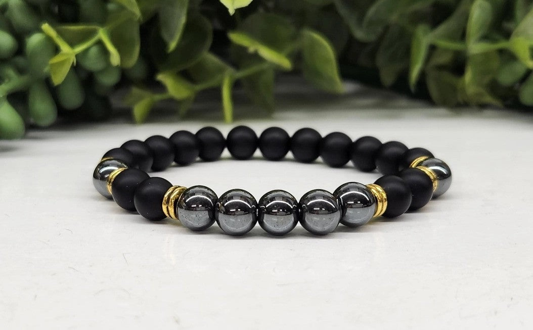 Hematite and Black Obsidian Bracelet 8mm Beads #LV3991