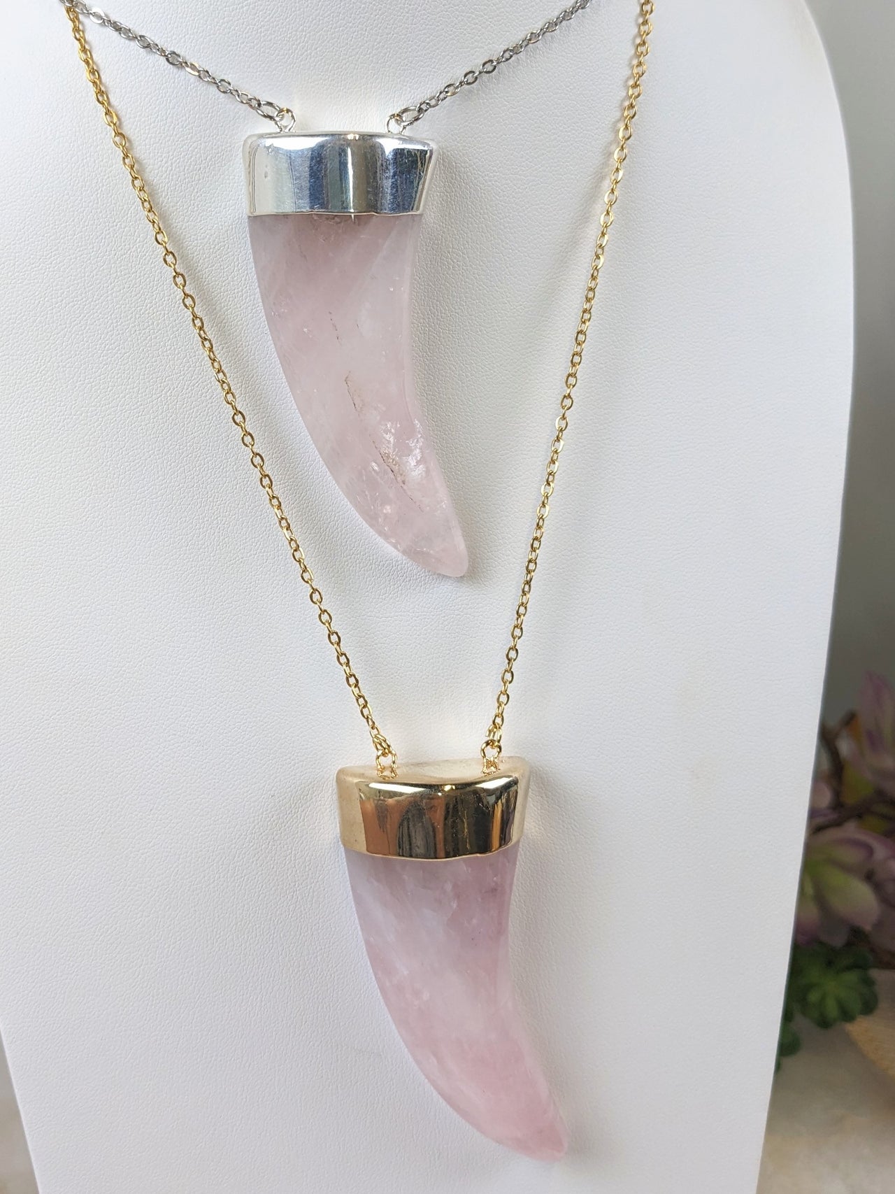 Rose Quartz Horn Shape Pendant 28" Necklace #LV5590