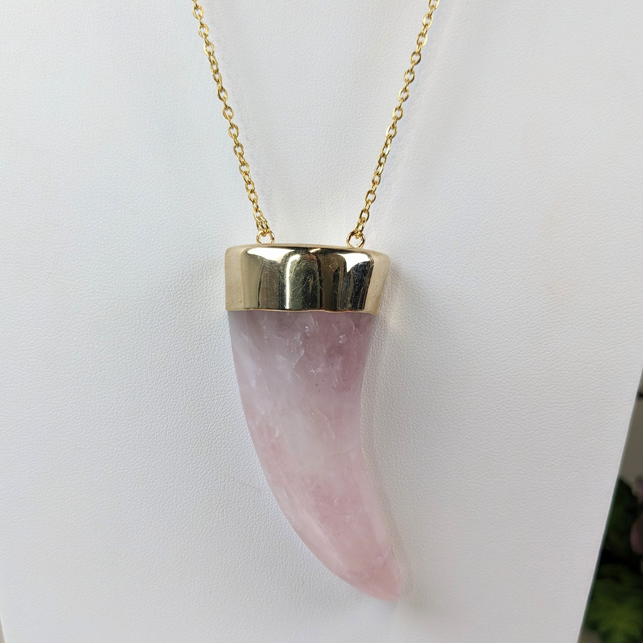 Rose Quartz Horn Shape Pendant 28" Necklace #LV5590