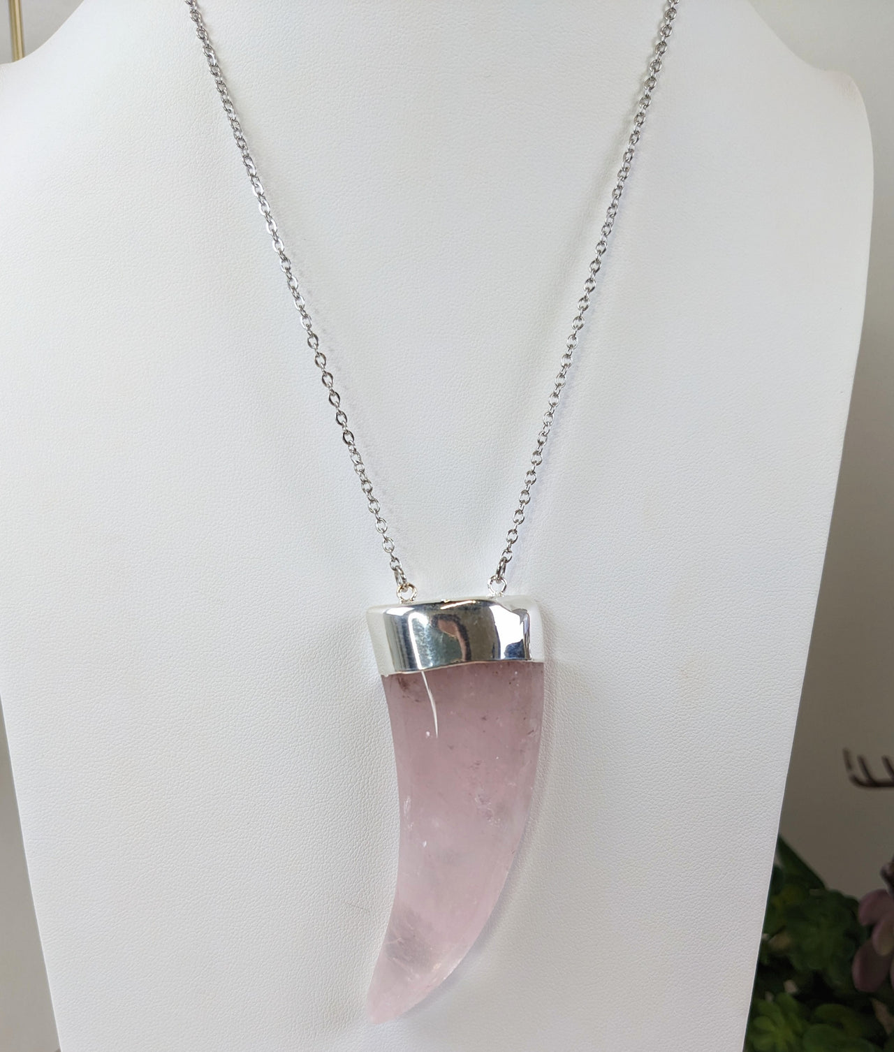 Rose Quartz Horn Shape Pendant 28" Necklace #LV5590