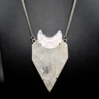 Thumbnail for Quartz Point with Rose Quartz Crescent Moon Brass or Silver Necklace #LV5778