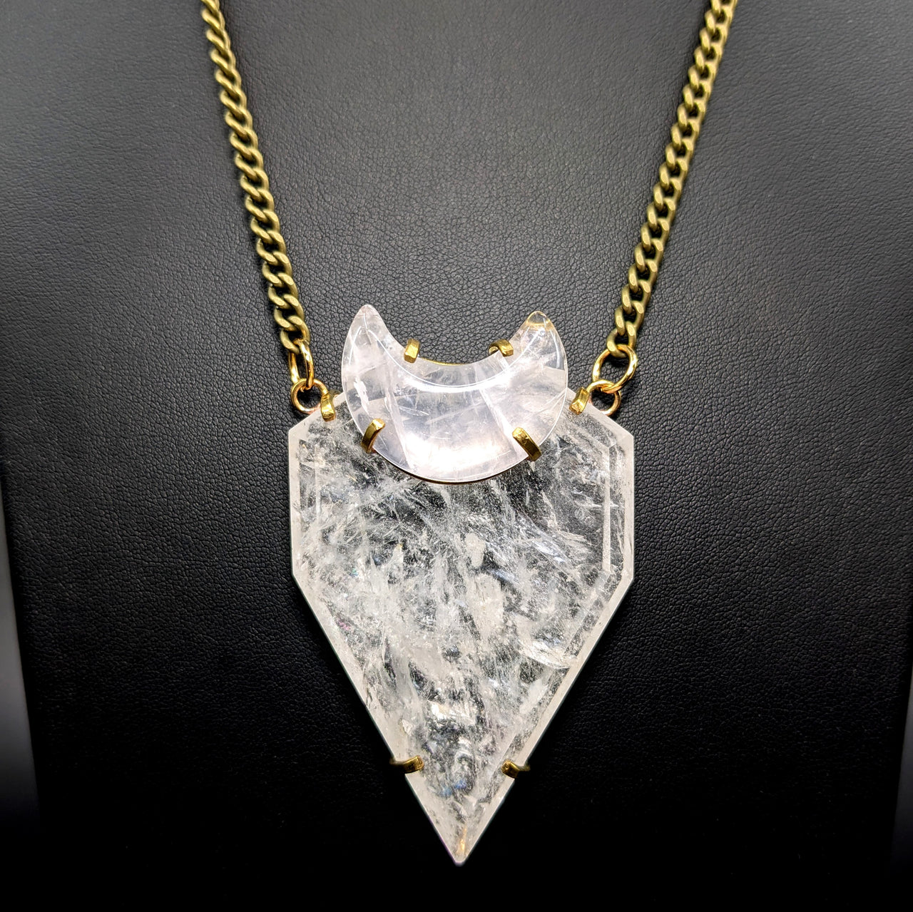 Quartz Point with Rose Quartz Crescent Moon Brass or Silver Necklace #LV5778