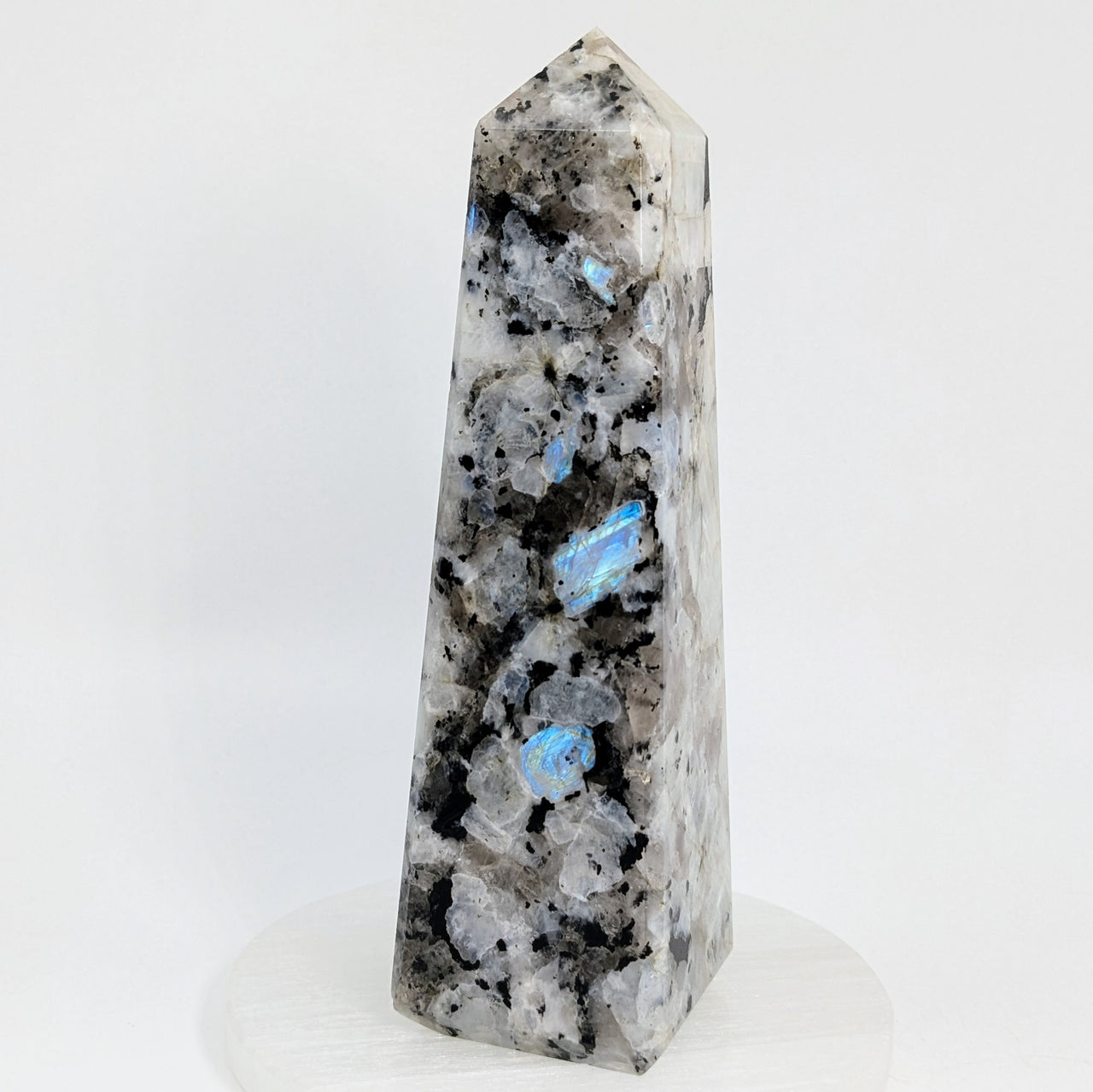 Rainbow Moonstone and Black Tourmaline Obelisk Tower 6.5" #LV6091