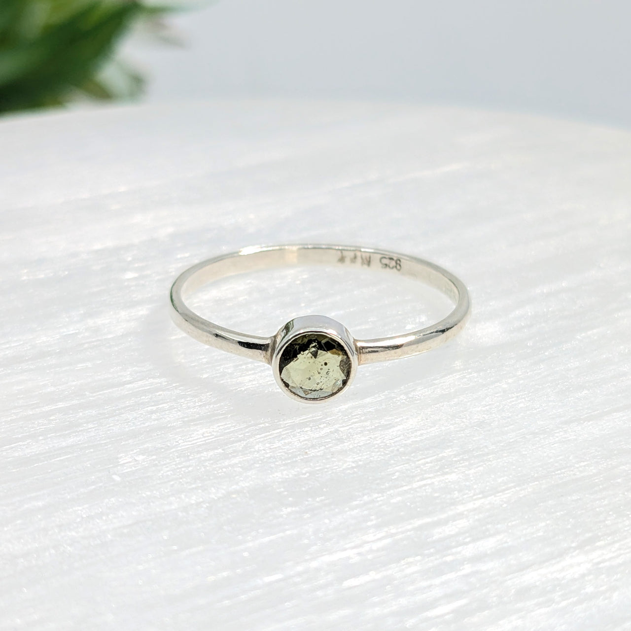 Genuine Moldavite Faceted Round Sterling Silver Ring  #SK2620