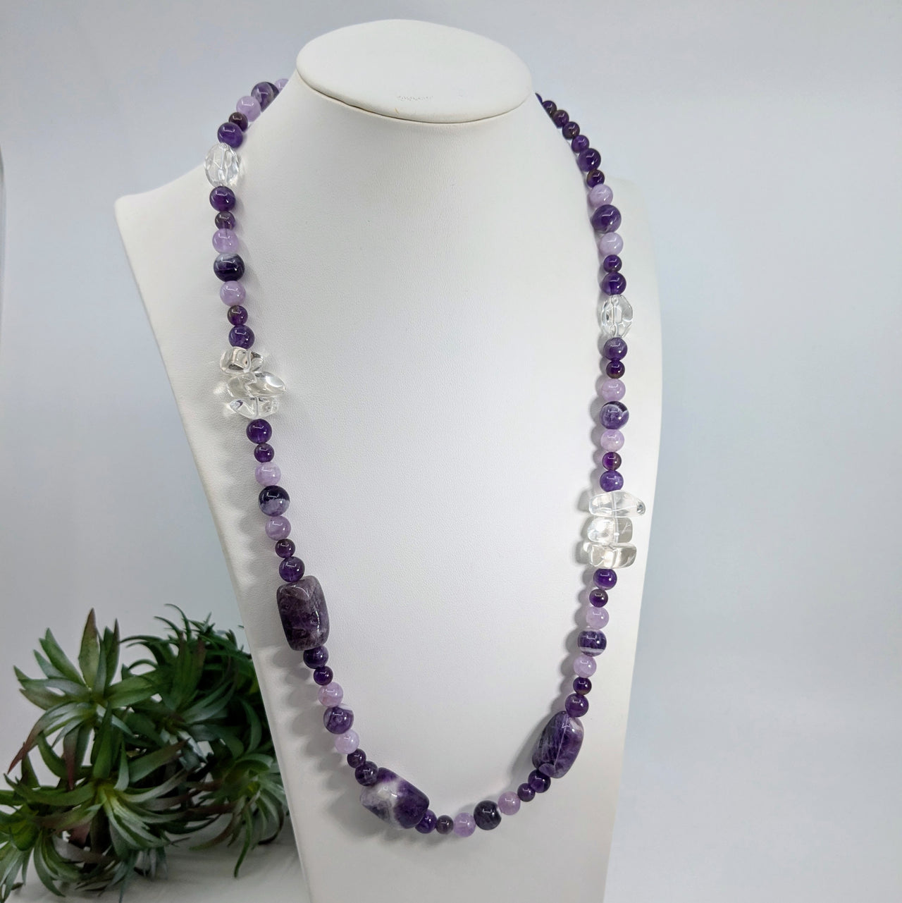 Amethyst and Quartz Beaded Necklace Handmade 26" #LV6285