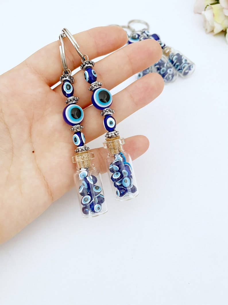 Glass Evil Eye Bottle Keychain, Blue Glass Evil Eye #Q384