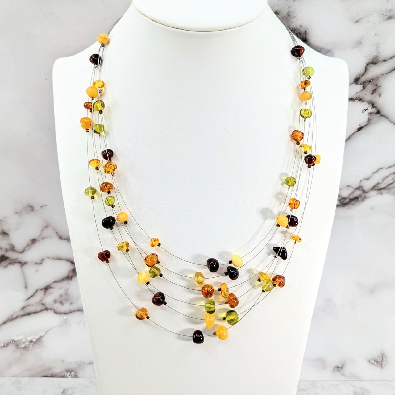 Amber Multi Color 22’ Floating Wire Necklace #LV3059 with vibrant multi bead design