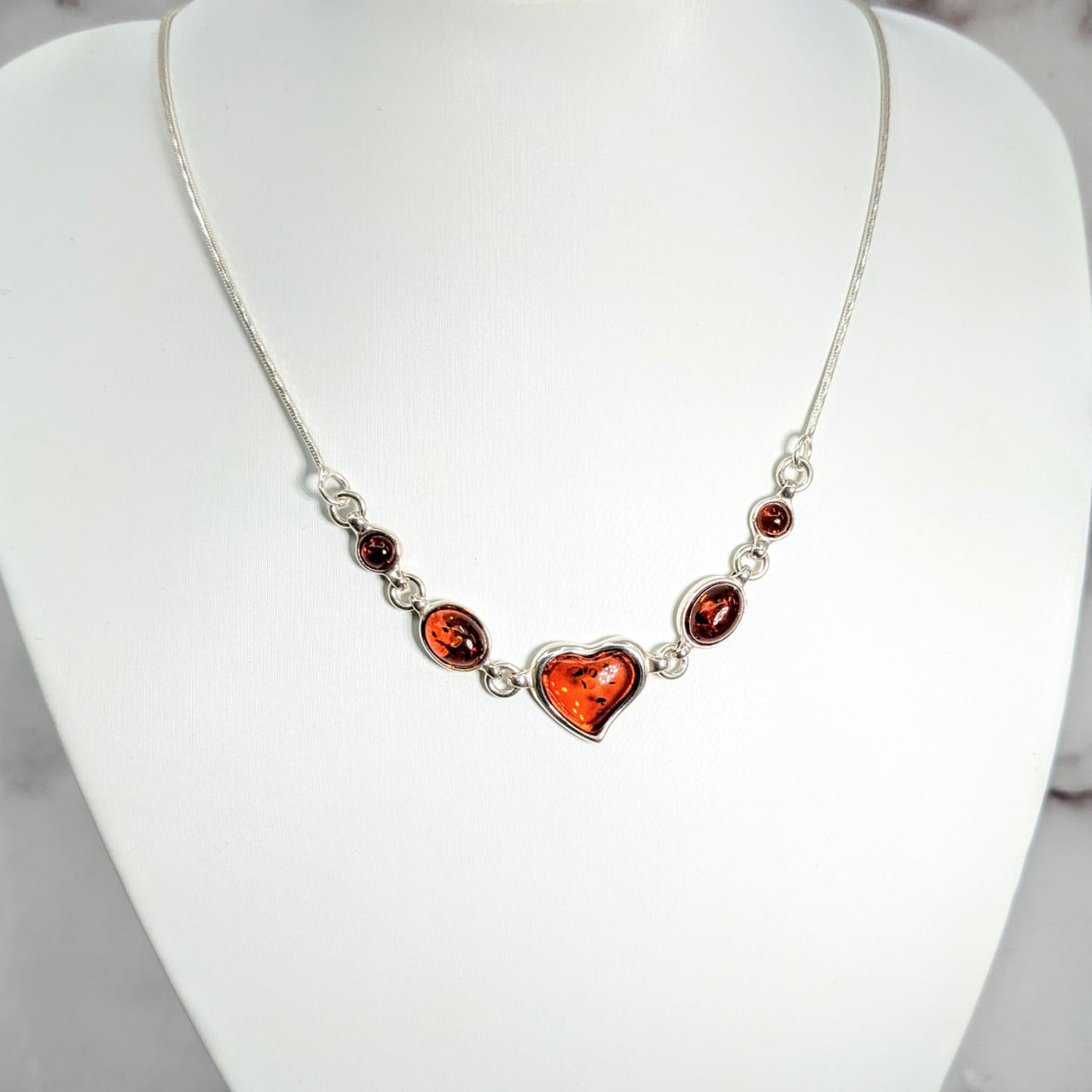 Amber Multi Stone Heart Necklace in Sterling Silver with 17.5’-18.5’ Adjustable Chain