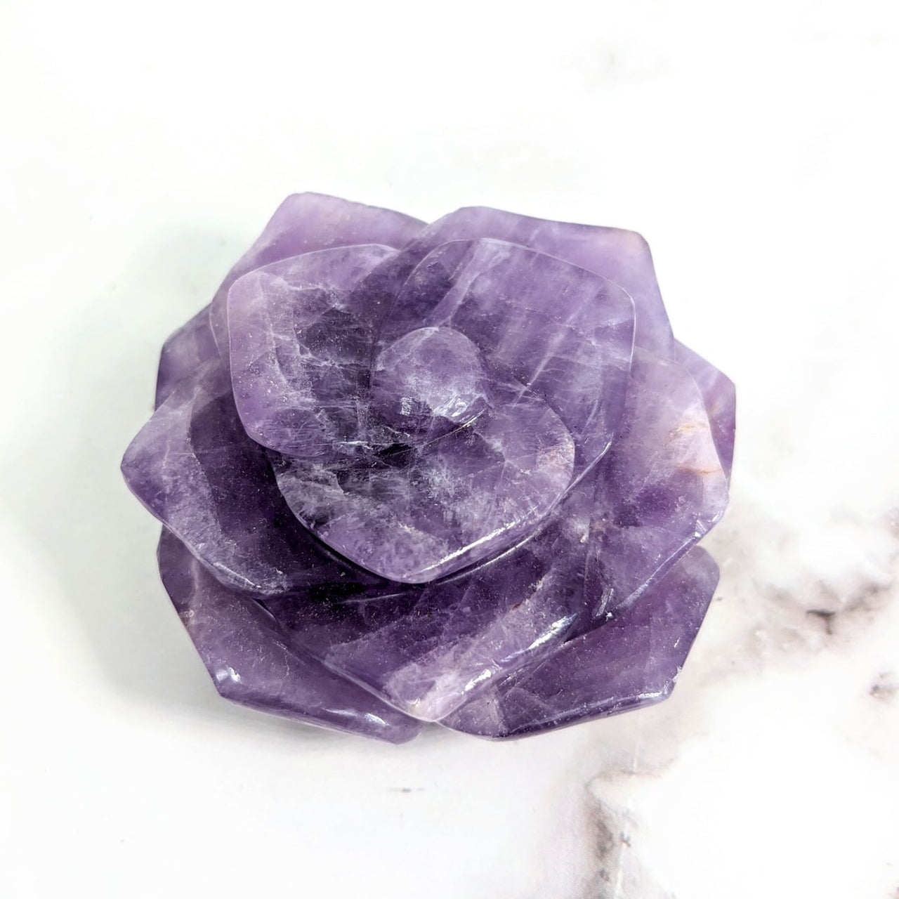 Amethyst 2.5’ Small Rose Carving #LV2022 on a Marble Surface - Purple Rose Shaped Rock