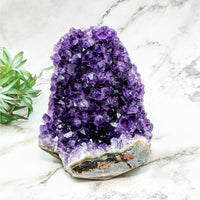 Thumbnail for Amethyst 5.4’ Geode Freeform #LV4503 on marble slab with plant in the background