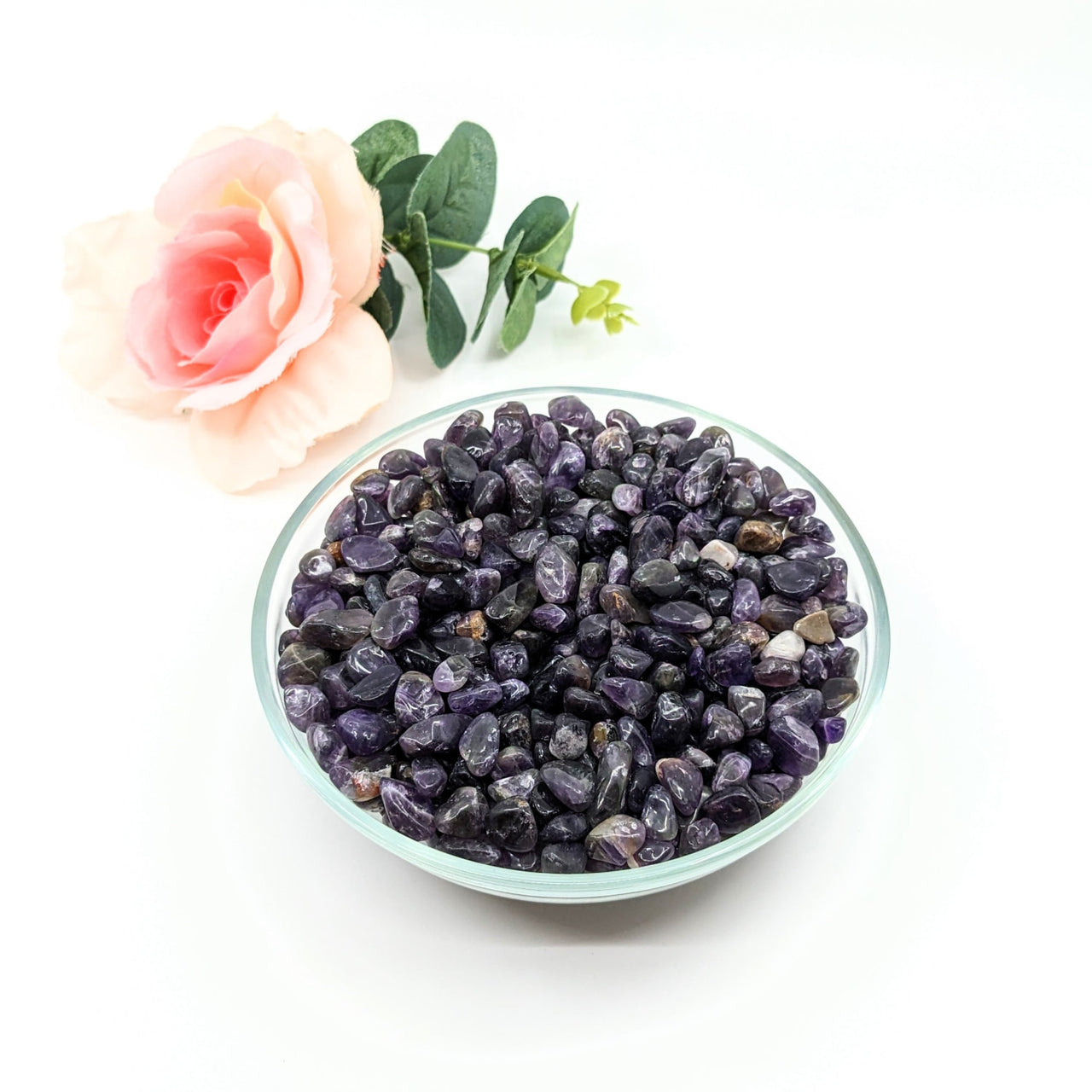 Amethyst Dark Gravel Mini Chips 28g Parcel next to a rose in a bowl. #LV3090