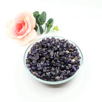 Thumbnail for Amethyst Dark Gravel Mini Chips 28g Parcel next to a rose in a bowl. #LV3090