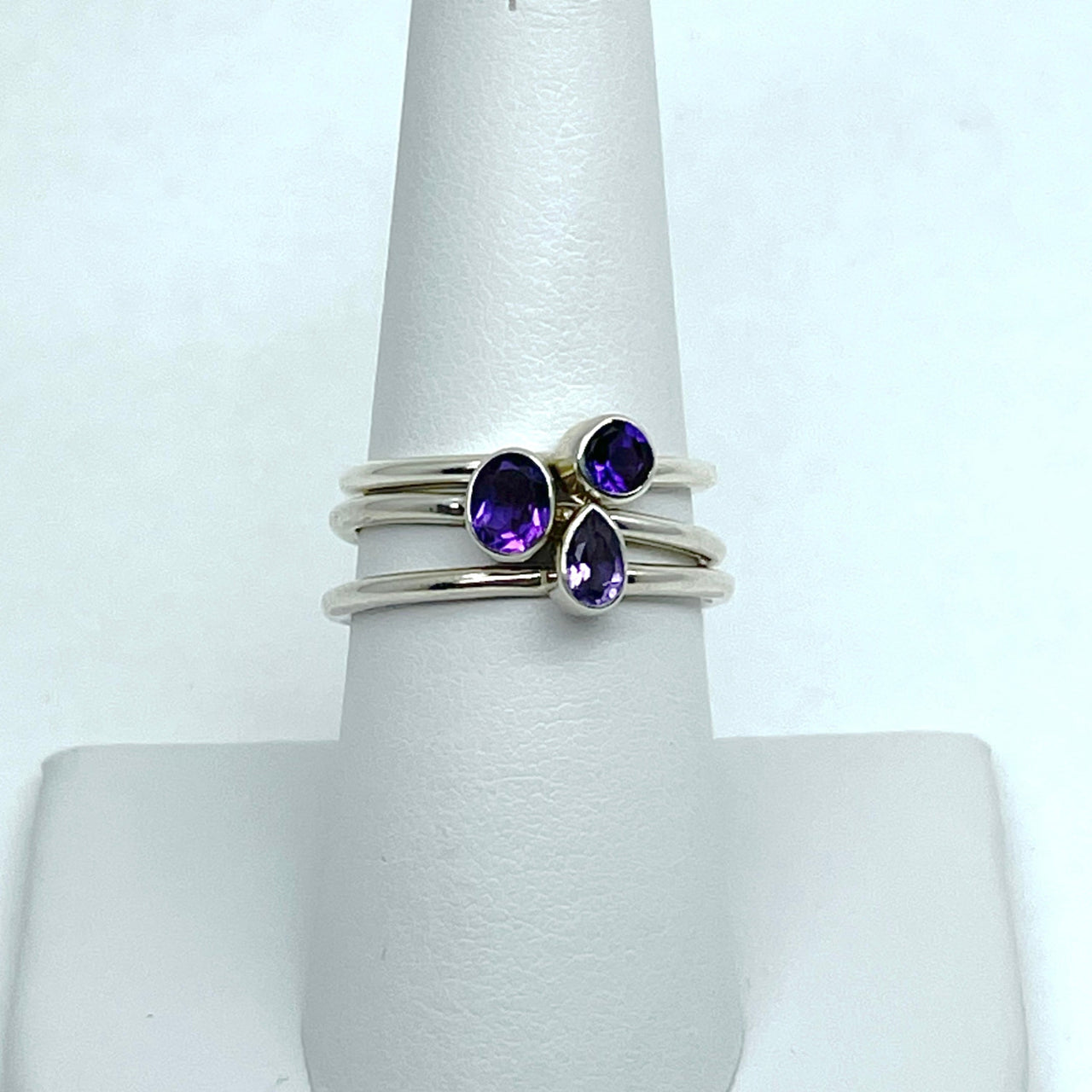 Sterling silver ring with two purple stones, Amethyst Faceted Stackable Dainty Ring #J523