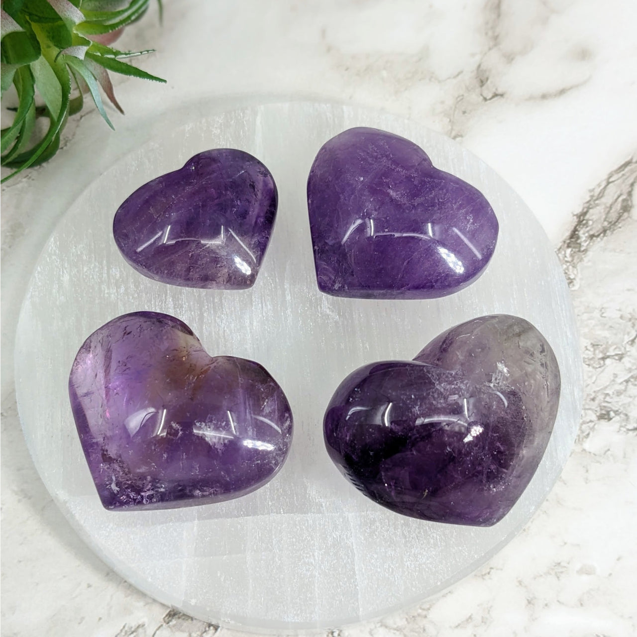 Amethyst heart stones on white marble background - Amethyst Heart Puffy Heart #LV4052