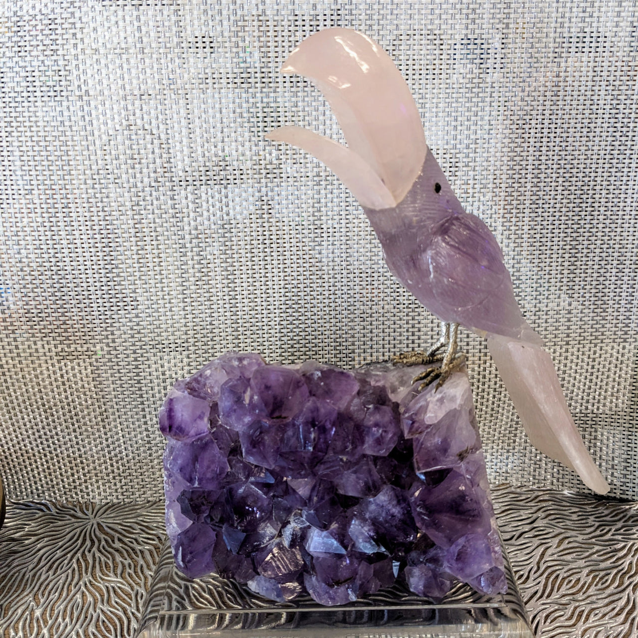 Amethyst and Rose Quartz Bird Carving on Amethyst Cluster Base #LV5090