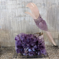 Thumbnail for Amethyst and Rose Quartz Bird Carving on Amethyst Cluster Base #LV5090