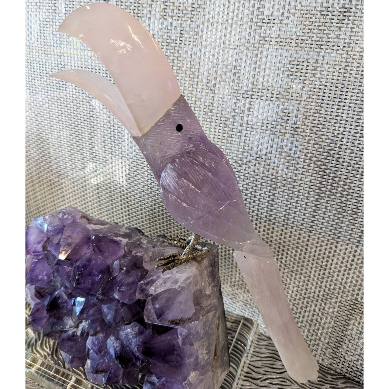 Rose quartz bird carving on amethyst cluster base #LV5090