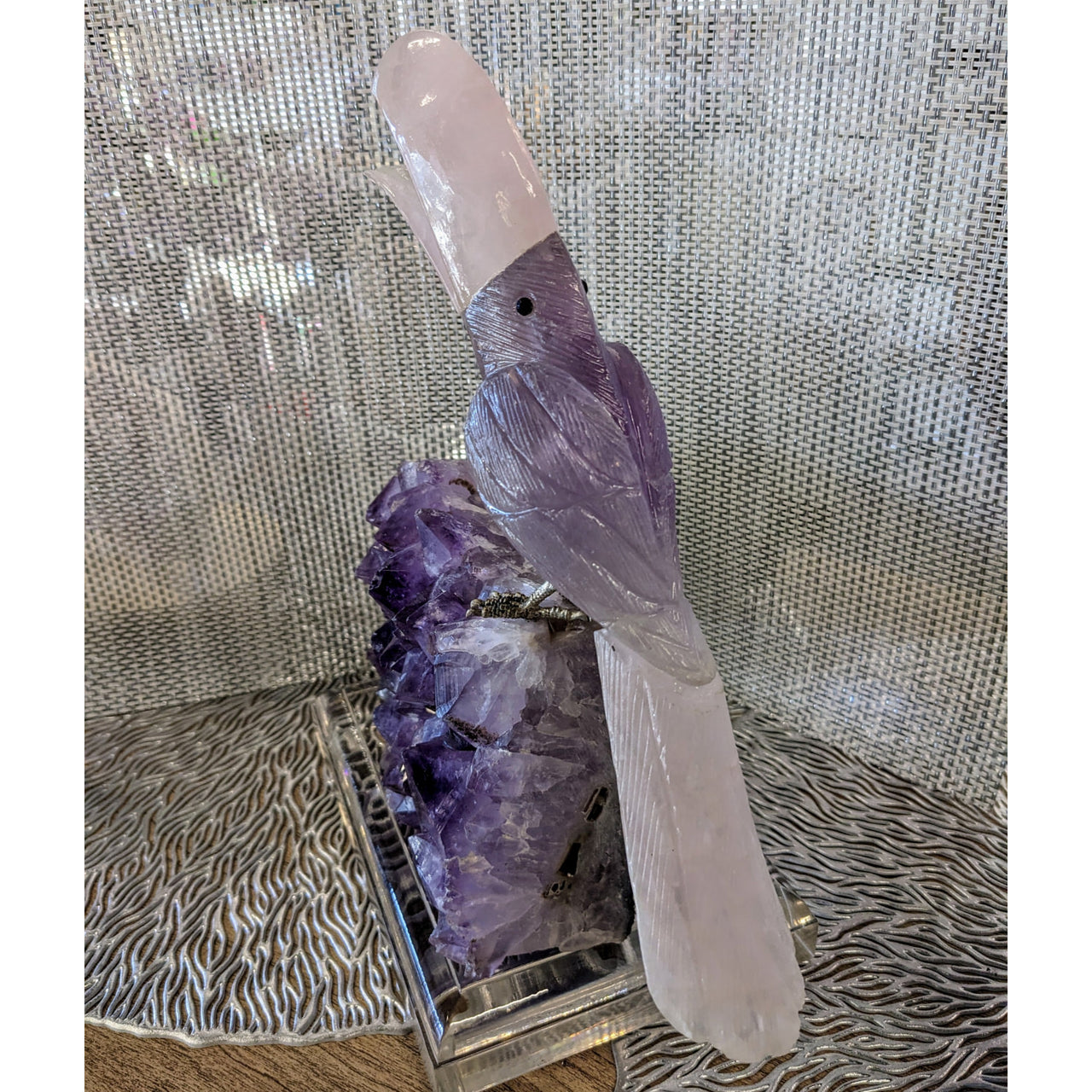 Amethyst and rose quartz bird carving on crystal cluster base #LV5090