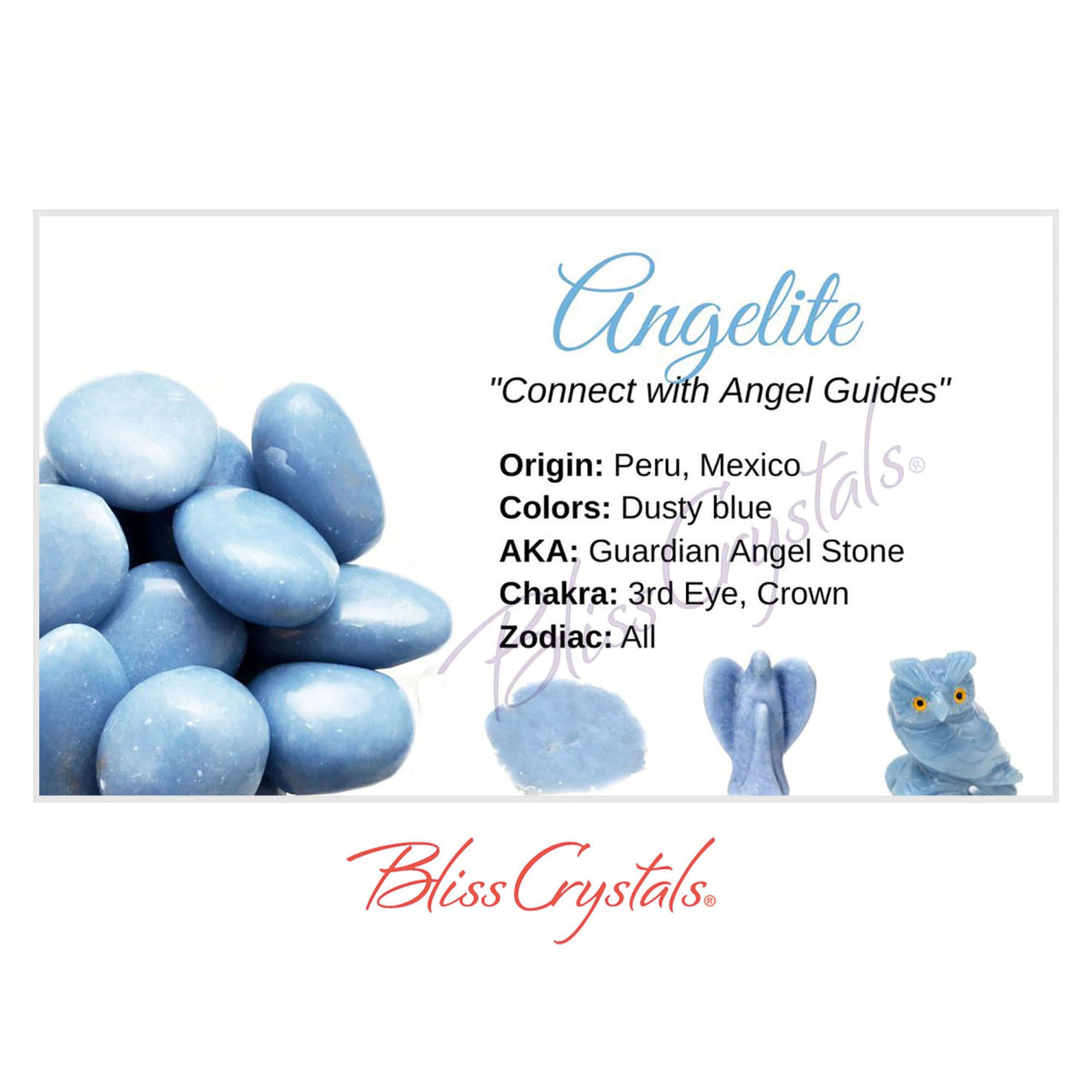 Close-up of blue candy rocks and cat on ANGELITE Crystal Information Card, Double-sided #HC45