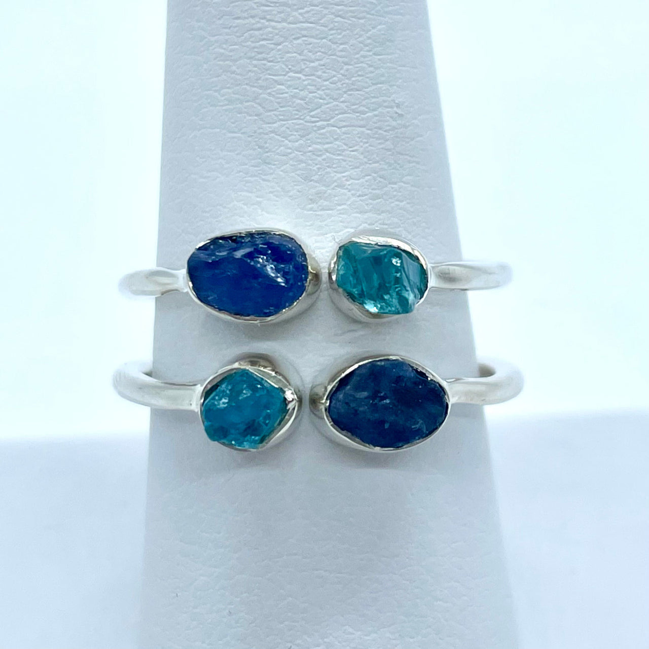 Sterling silver ring with three blue sapphire gems - Apatite & Blue Sapphire Ring #J007