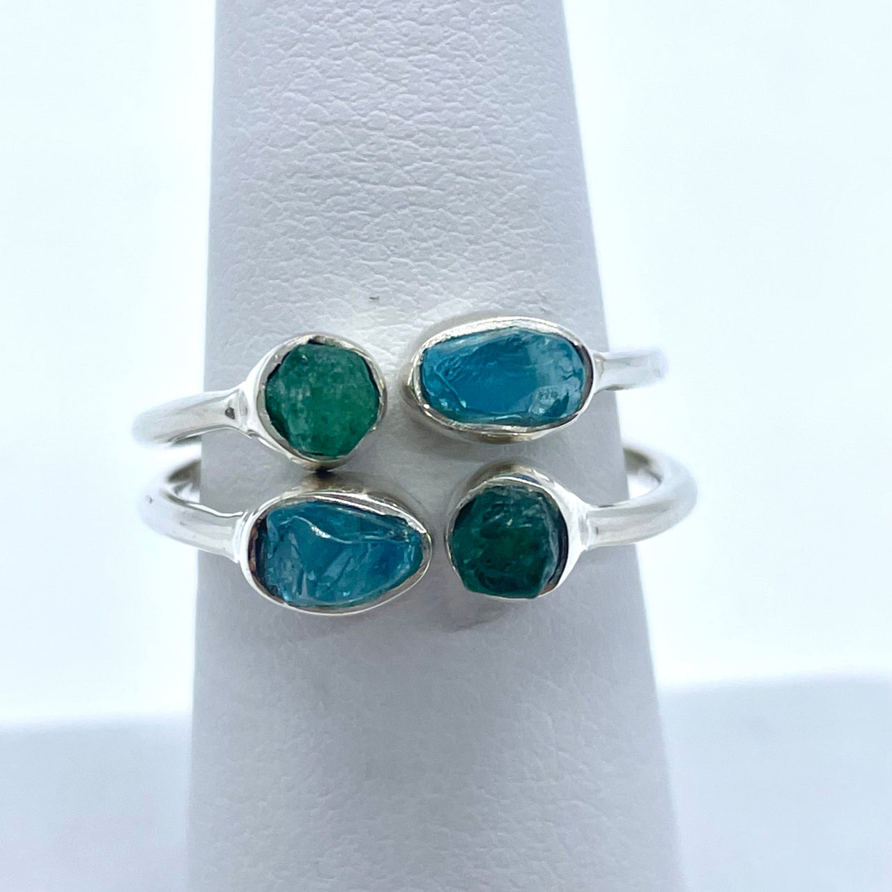 Apatite & Emerald Natural Adjustable Dainty S.S. Ring #J013 with three emeralds on top