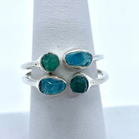 Thumbnail for Apatite & Emerald Natural Adjustable Dainty S.S. Ring #J013 with three emeralds on top