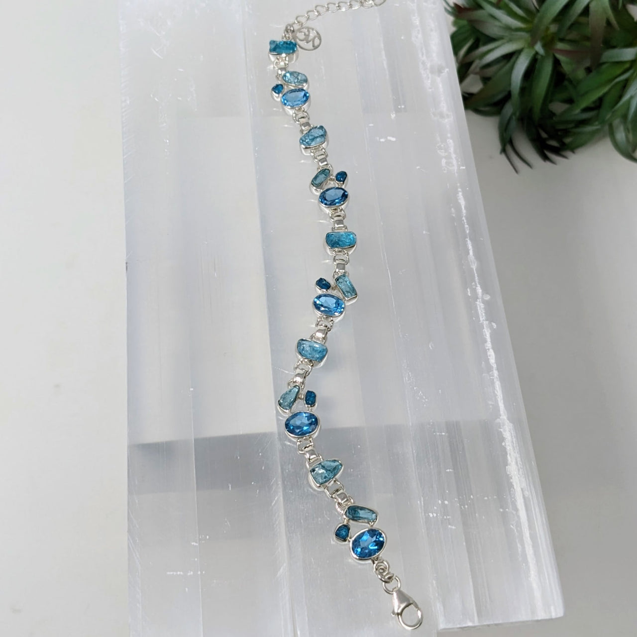 Apatite Blue Bracelet: Sterling Silver Chain with Blue Beads - Designer Bracelet #LV3268